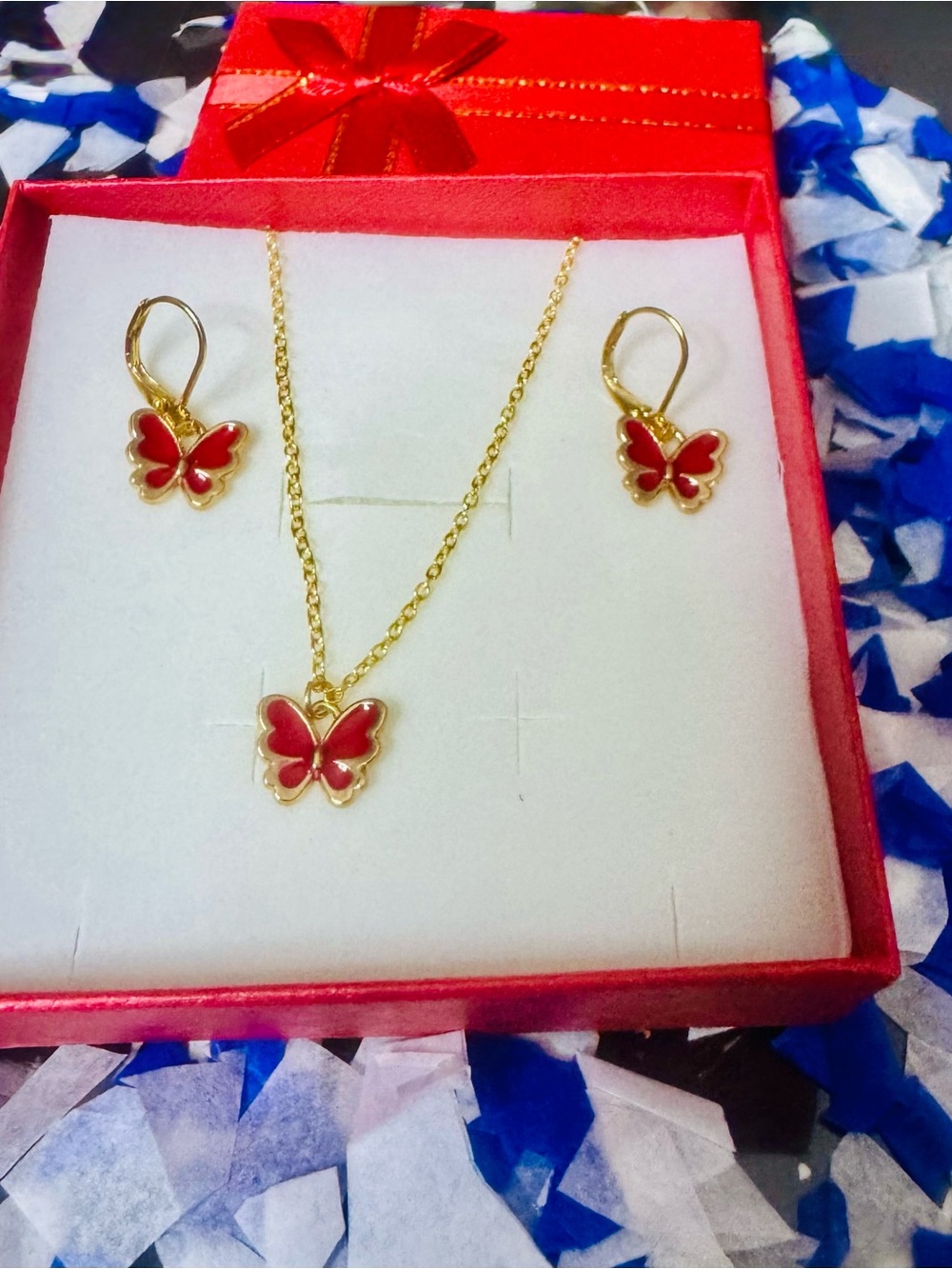 Gold-Tone Red Butterfly Necklace & Earring Set